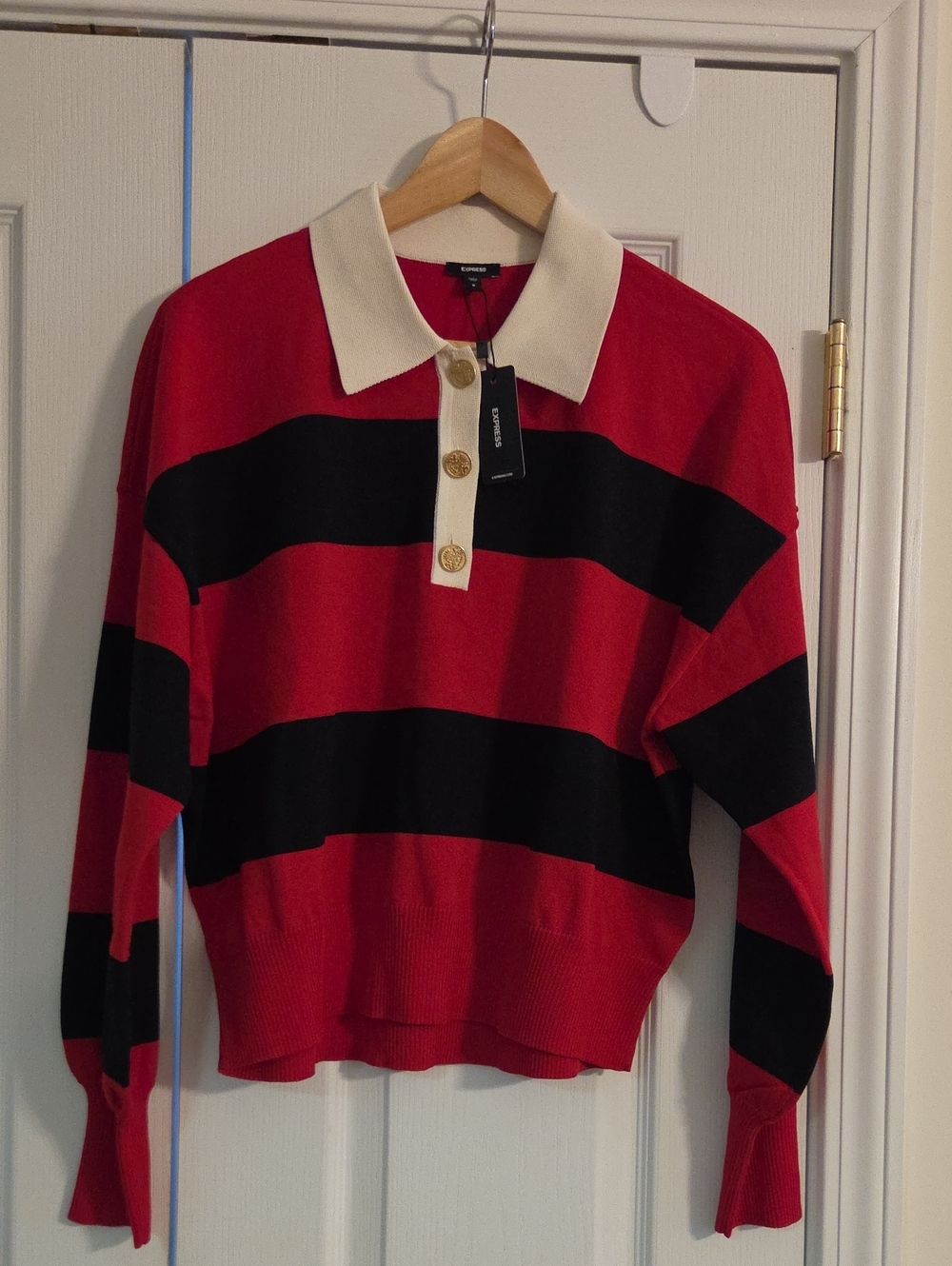 Express Red and Black Striped Crewneck Polo Sweater with Cream Collar